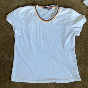 white tee with a rainbow stitched collar
